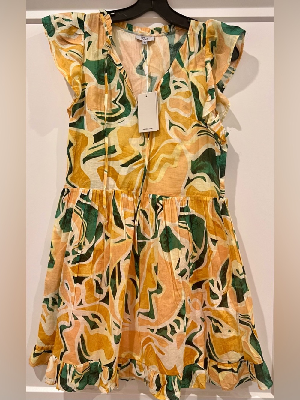 Rails Abstract Floral Ruffle Sleeve Mini Dress XS Peach Green Boho Resort Tiered - Picture 2 of 6